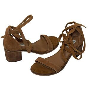 Steve Madden Suede Ankle Tie Block Heel Sandals Rizzaa Tan 7.5